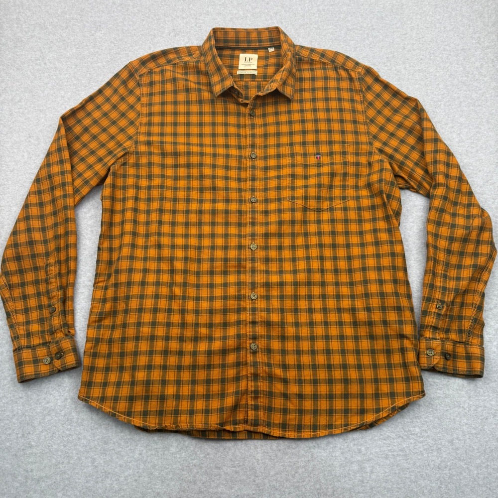 Louis Philippe Shirt Mens 44 Super Slim Fit Plaid Orange Green Cotton Button Up